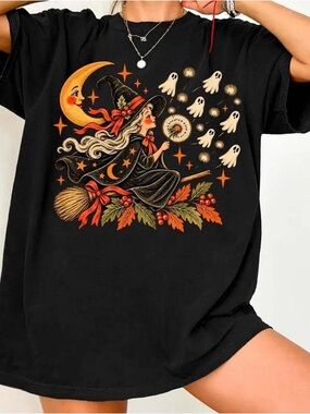 Black Halloween Witch Graphic Tee with Orange & Cream Accents